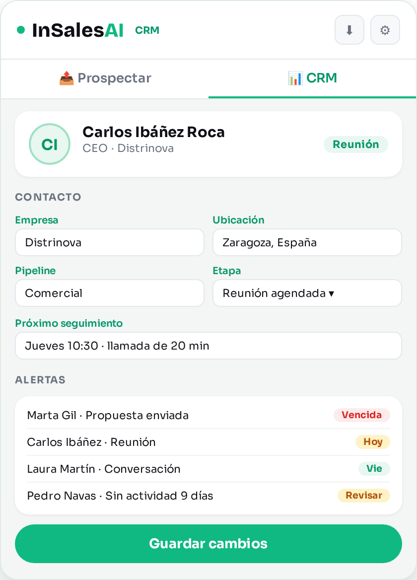 Pestaña CRM con etapas y alertas