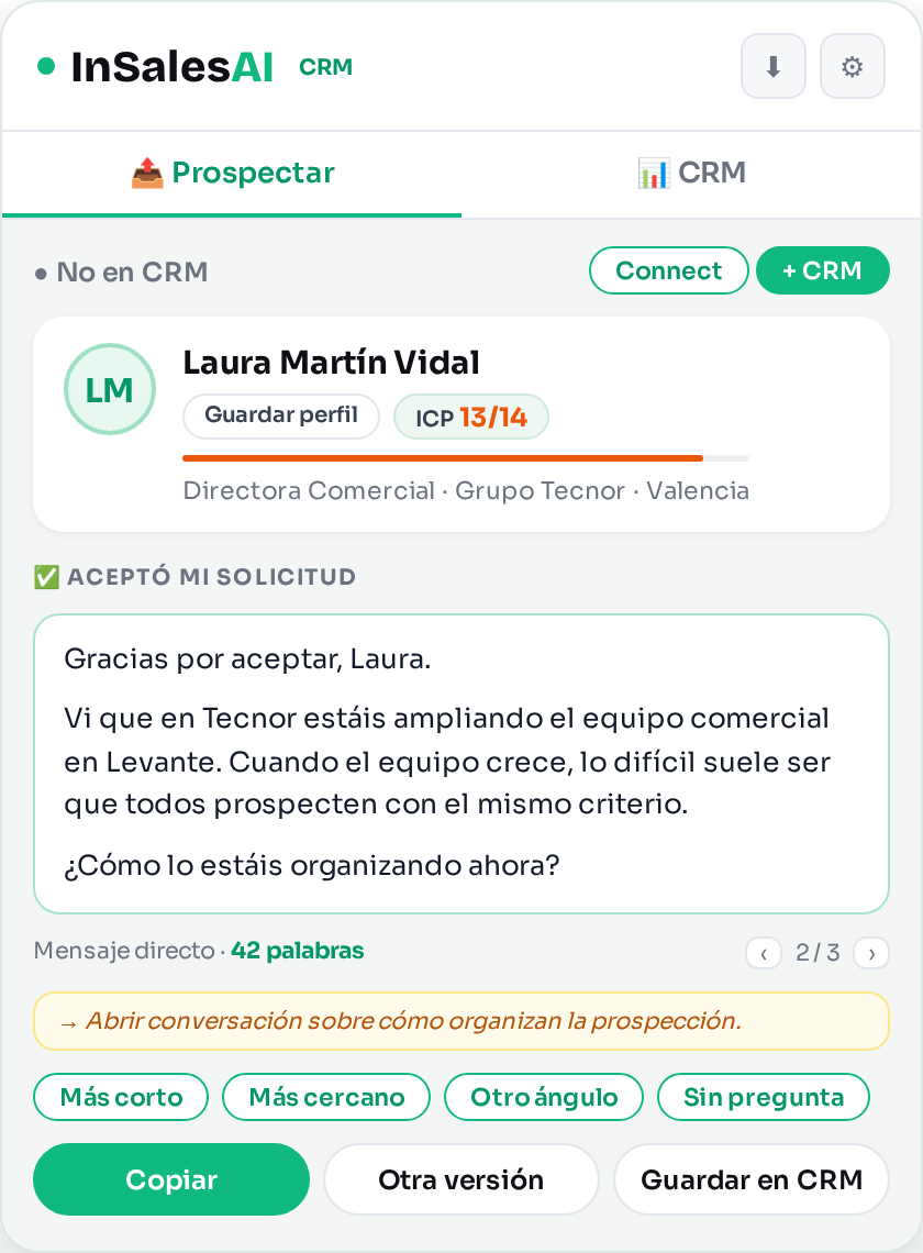Panel de InSalesAI CRM con un mensaje generado